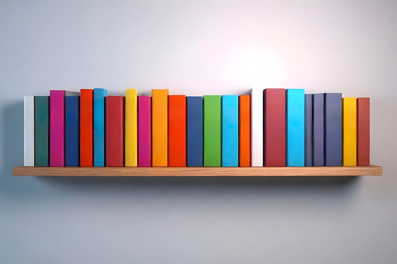 Fileira de livros coloridos organizados em uma prateleira de madeira contra parede clara